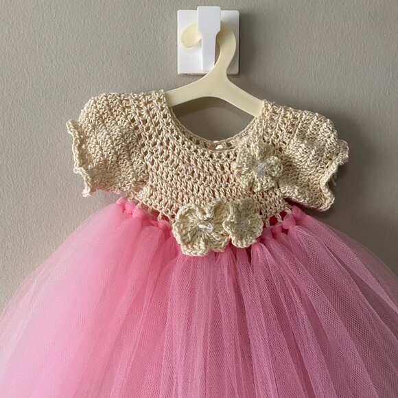 Handmade Cotton Crochet Beige Pink Tulle Doll Teddy Bear Tutu Dress - Picture 4 of 10